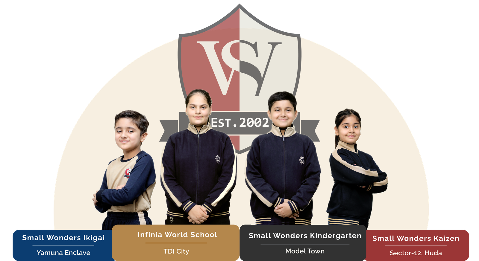 Children from Infinia World School, Small Wonders Kindergarten, Small Wonders Ikigai, and Small Wonders Kaizen standing beneath the Small Wonders shield, established 2002